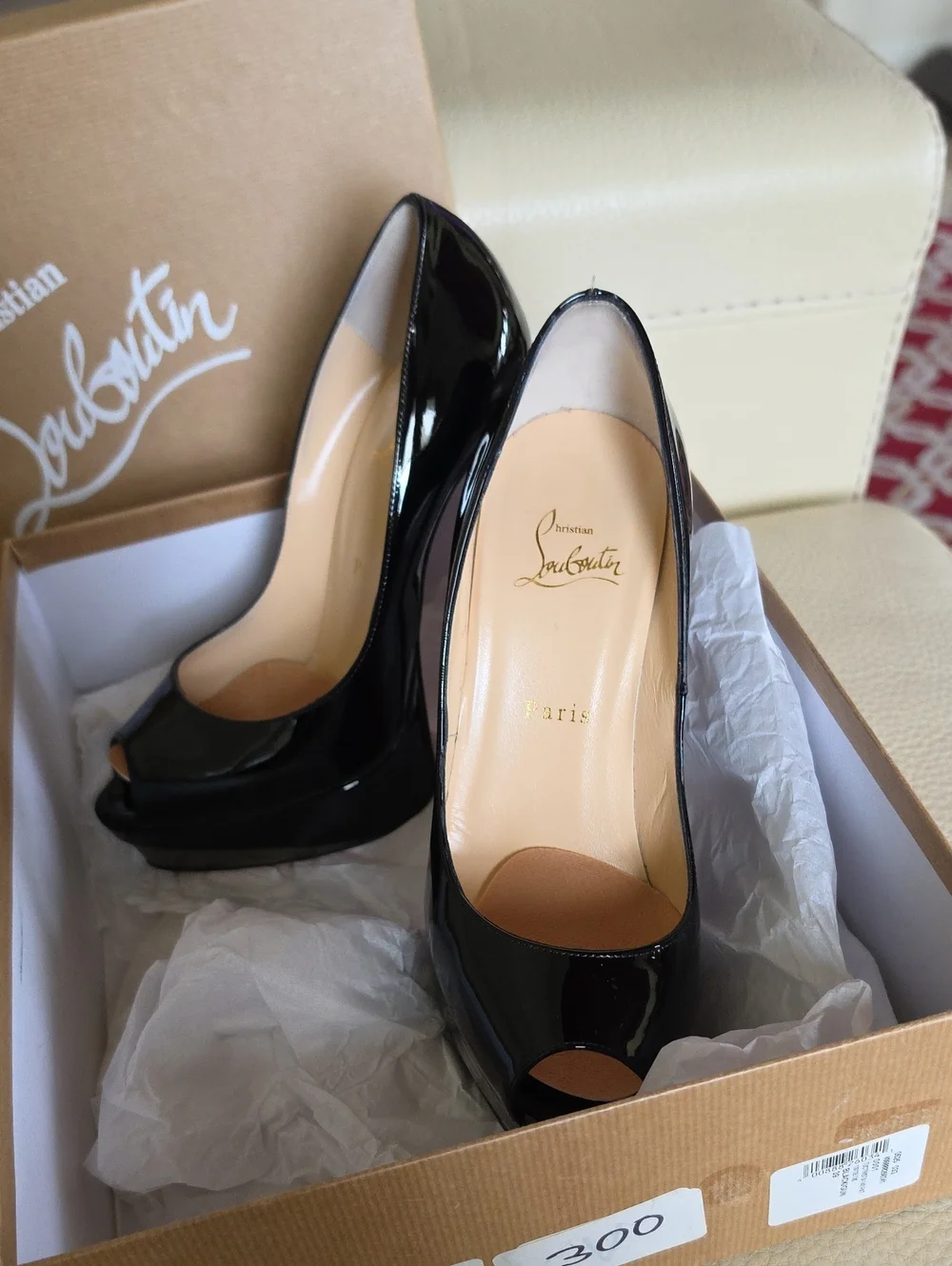 Christian Louboutin Black Patent Peep-Toe Platform Heels